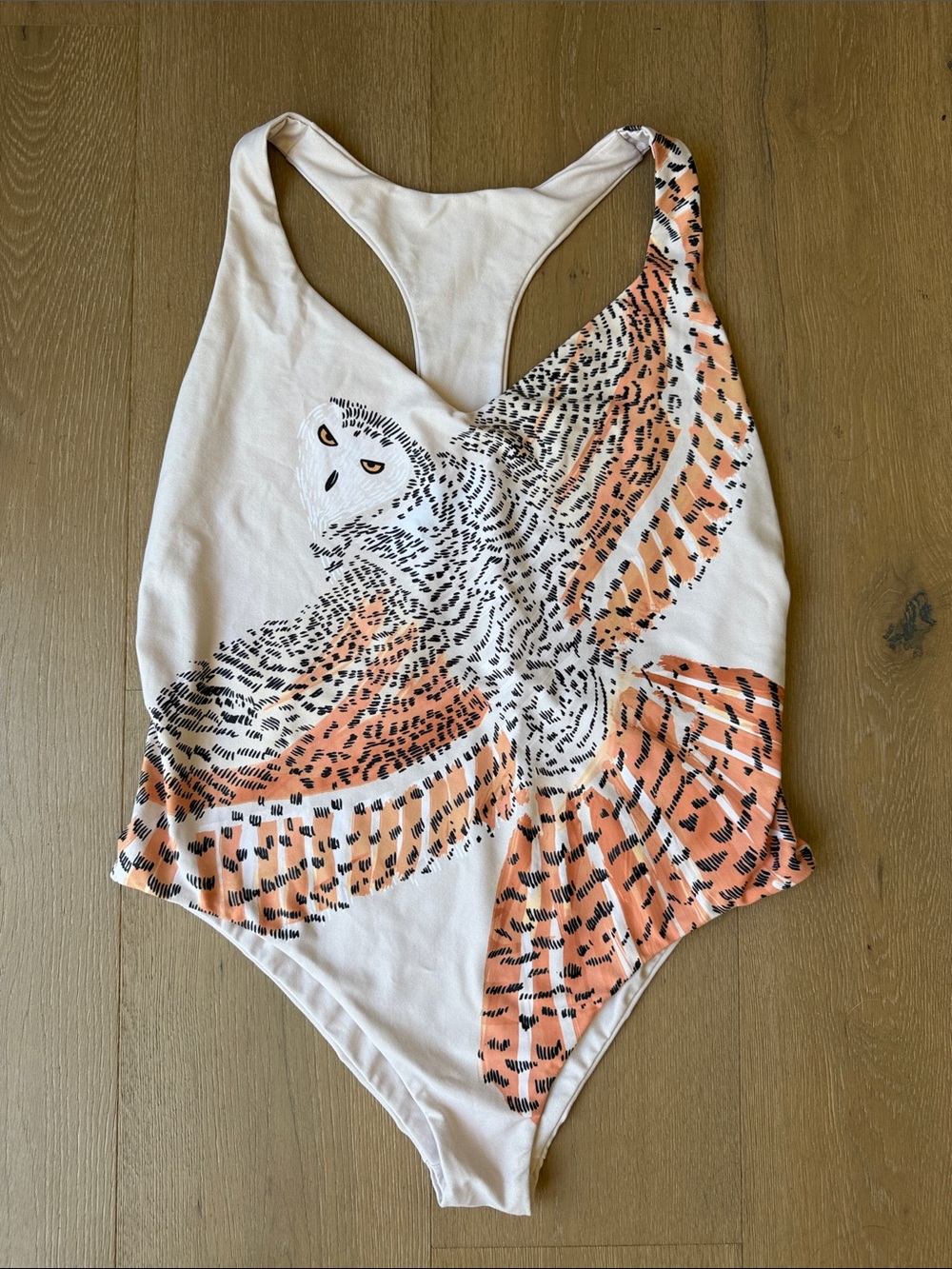 Boys + Arrows Cream One-Piece Swimsuit with Orange and Black Owl Print, Size L